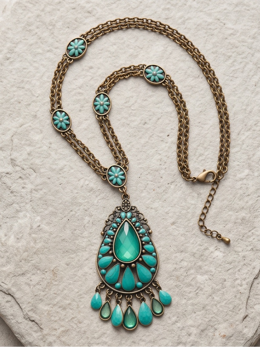 Vintage Boho Style Turquoise and Bronze Teardrop Pendant Necklace